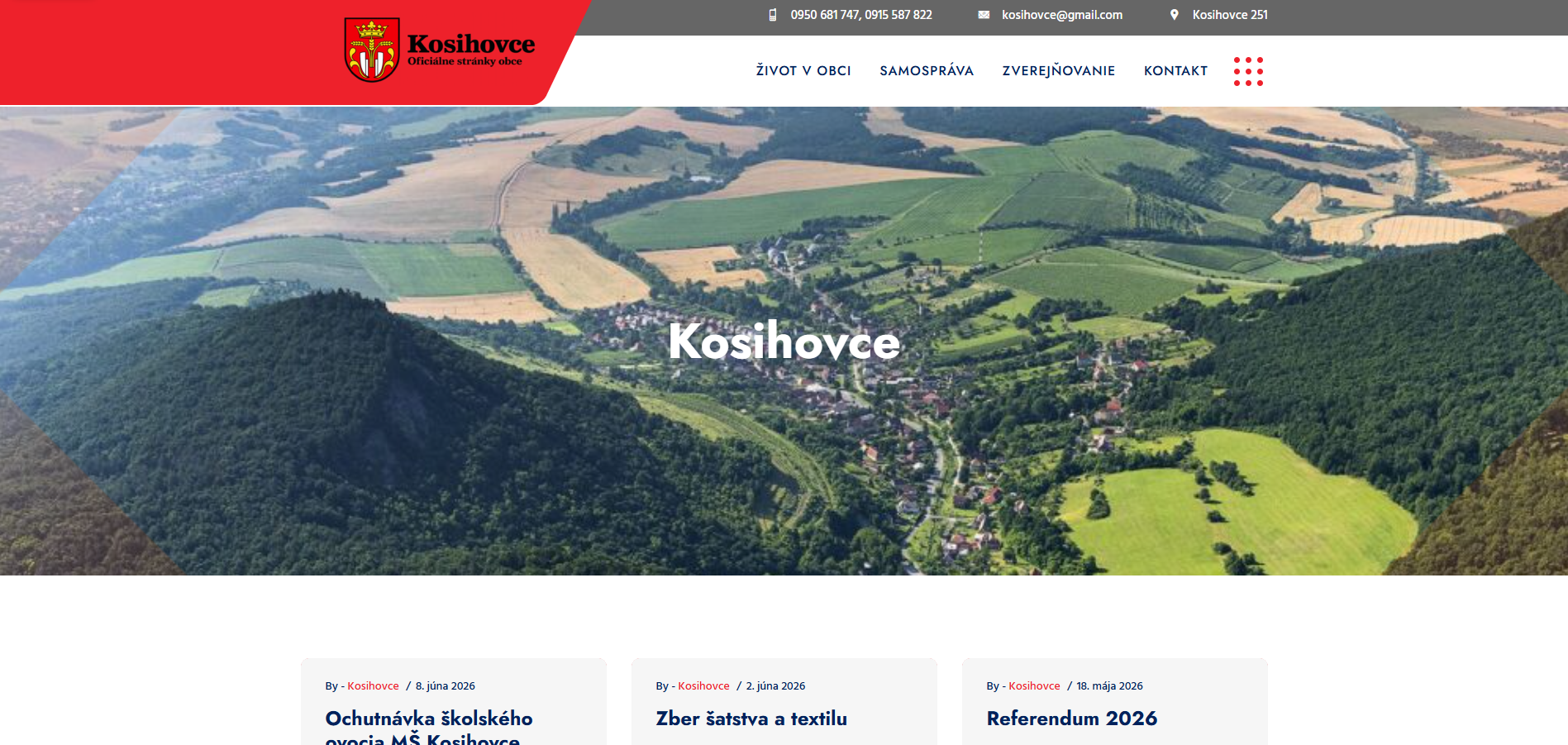 Kosihovce községi weboldal — képernyőkép